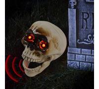 Animated Skull Ghost Decoration,Halloween Animatronic Talking Hanging Skull Head with Spooky Sound Light Up Red Eyes Shake Mouth,Life Size Skeleton Skull for Lawn Yard Decor