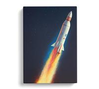 Animated Spaceship Rocket Blue, Teal, Peach Canvas Print | Gallery Wrapped 30mm Frame Wall Art | 30x20 inches | Ready to Hang | Contemporary Still Life Picture | Living Room Bedroom Lounge Office