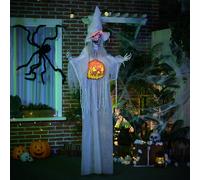 HOMCOM 6ft Outdoor Halloween Decoration Witch with Pumpkin, Standing Skeleton Witch Prop Life Size with Sound and Motion Activated, Light Up Eyes, Laughing Sound, Posable Arms, White
