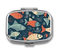 Animation Style Fish Pill Box 2 Compartment, Portable Pill Case with Mirror for Pocket Purse Travel, Mini Metal Medicine Organizer for Vitamins Fish Oil