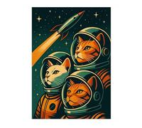 Animato Cat Astronauts Space Poster, Graphic Planets, Stars & Galaxies Art Prints, Sci-fi Bedroom Home Decor, A5 (Print Only) - 21x14.8cm
