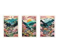Animato Colourful Mount Yoshino Poster Set, Vintage Woodblock Anime Poster Set, Japanese Wall Art, A3 (Print Only) - 42x29.7cm