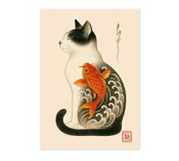 Animato Flying Fish Poster, Vintage Japanese Woodblock Cat Poster, Ukiyo-E Tattoo Wall Art, A5 (Print Only) - 21x14.8cm