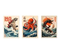 Animato Great Sea Monsters Poster Set, Vintage Woodblock Anime Poster Set, Japanese Wall Art, A3 (Print Only) - 42x29.7cm
