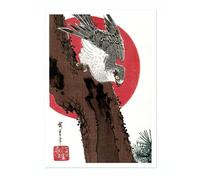 Animato Hawk & Red Sun Japanese Woodblock Print, Vintage Poster Japan Aesthetic, Wall Art Exhibition Painting Ukiyo-E Artwork Bedroom Home Decor, A4 (Print Only) - 29.7x21cm
