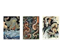 Animato Japanese Dragons Poster Set, Japanese Woodblock Prints, Vintage Ukiyo-E Wall Art Décor, A3 (Print Only) - 42x29.7cm