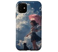 Anime Angel Girl & Black Cat Aesthetic Lo-Fi Rain Case for iPhone 11