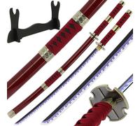 Anime Bamboo Wooden Sword Bokken Prop Cosplay Blunt Sheath Halloween 100cm with Table Stand (Sandy - Red)