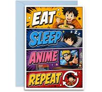 Anime Birthday Card for Him Her, Dad, Son, Brother - Funny Eat Sleep Anime Repeat Design. UK Made with Blue Envelope