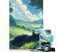 Anime Black Cat in A Meadow 1000 Piece Jigsaws Creative Skill Toy Tight Lock No Loose Pieces Bonding Activity for Loved Ones (50x75cm)