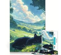 Anime Black Cat in A Meadow Jigsaw 1000 Pieces Memory Skill Fun Smooth Edge Perfect Interlock Fun-filled Way to Fill Empty Hours (38x52cm)
