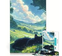 Anime Black Cat in A Meadow Jigsaw Puzzle 1000 Pieces Mental Focus Game Precision Cut Smooth Edges Absorbing Activity for Quiet Nights (38x26cm)