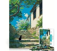 Anime Black Cat on Stone Steps Adults 1000 Pieces Puzzle Mental Fun Game Advanced Laser Cutting Tech Amusing Challenge for Waiting Time (38x26cm)