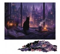 Anime Black cat watching a city at night Jigsaw Puzzle, 1000 Pieces | Visual matching and sorting: a clear build method over several sessions.