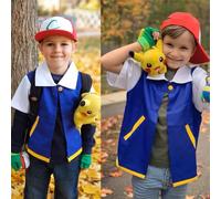 Anime Blue JacketP-PokemonING Go Men Cosplay Costume Boys Ash Ketchum For Halloween Party Trainer Gloves Cap Set Christmas Gift 140 top only