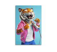 Anime Blue Tiger Singing Canvas Wall Art Aesthetic Funny Whimsical Artwork Hanging Paintings Poster Modern Decor for Living Room Bedroom Home Interior 24x36inch(60x90cm)