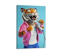 Anime Blue Tiger Singing Canvas Wall Art Aesthetic Funny Whimsical Artwork Hanging Paintings Poster Modern Decor for Living Room Bedroom Home Interior 24x36inch(60x90cm)