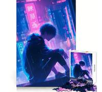 Anime Boy in Neon City for Adults 1000 Piece Jigsaw Puzzle Sharp Recall Calm Recreation Uniform Cut Festive Present (50x75cm)