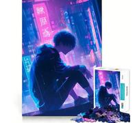 Anime Boy in Neon City Jigsaw Puzzle 1000 Piece Creative Skill Toy Clean Cut Sturdy Components Travel-friendly Brain Game Gift (38x26cm)