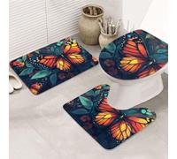 Anime Butterfly Flower Bed Picture Bathroom Rugs Sets 3 Piece, Soft Absorbent Memory Foam Bath Mats And U Shaped Contour Toilet Rug, Home Decoration, Quick Dry