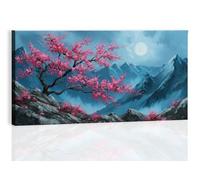 Anime Canvas Prints Wall Art 120L x 60W cm, Country Mountain Botanical Cherry Blossom Moon Framed Photo Canvas for Bedroom Bathroom - Midnight Blue Pictures Wall Artwork Picture for Yoga Living Room