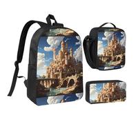 Anime Castle Sky 17 Inch Backpack Lunch Bag Pencil Case Set, Cute Print, Durable Oxford Cloth.