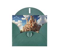 Anime Castle Sky Horizontal Holiday Card With Dark Green Heart Shaped Envelope And Write Various Holiday Greetings
