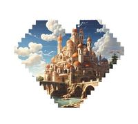 Anime Castle Sky Print Building Brick Block Puzzle - Heart Shaped Picture Puzzles, Wooden Picture Jigsaw Puzzles