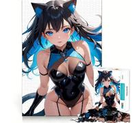 Anime Cat Girl in Black Late Bodysuit 1000-piece Jigsaw Puzzles Brain Training Fun Tight Interlock No Gaps Bonding Activity for Loved Ones (38x52cm)