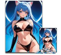 Anime Cat Girl in Black Latex Lingerie Adult Jigsaw Puzzles 1000 Pieces Jigsaw Puzzles for Adults for Teenagers Teens Ideal Birthday 1000 PCS(75x50cm)