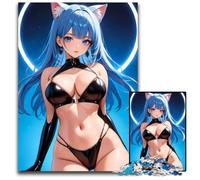 Anime Cat Girl in Black Latex Lingerie Jigsaw Puzzles for Adults 1000 Piece Paper Puzzles for Mother'S Day Birthdays Christmas 1000 PCS(38x26cm)
