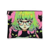 Anime Cat Makeup Bag, Cute Green Hair Girl Cosmetic Travel Pouch for Women, Portable Small Zipper Organizer, Halloween Toiletry Bag, Peach, 7x9 Inch, Cat
