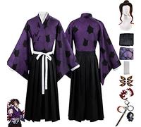 Anime Character Kokushibou Cosplay Costume Outfit Demon Slayer Uniform Cloak Full Set Halloween Party Carnival Dress Up Suit with Wig Tattoo Stickers Keychain for Men (M)