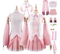 Anime Character Miku Cosplay Costume Outfit H'atsune M'iku Pink Uniform Dresses Full Set Halloween Carnival Party Dress Up Suit with Headdress Wig for Women
