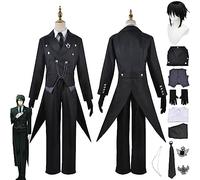 Anime Character Sebastian Michaelis Cosplay Costume Outfit Ciel Phantomhive Uniform Black Coat Full Set Halloween Party Carnival Dress Up Suit with Wig for Men Boys (XL)