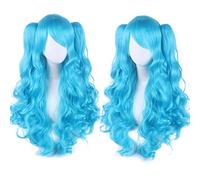 Anime Colorful Long Curly Wig With Claw Ponytail ita Synthetic Hair Black Red Auburn Pink Blue Halloween Party Wigs For Women OneSize blue2