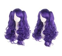 Anime Colorful Long Curly Wig With Claw Ponytail ita Synthetic Hair Black Red Auburn Pink Blue Halloween Party Wigs For Women OneSize purple