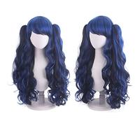 Anime Colorful Long Curly Wig With Claw Ponytail ita Synthetic Hair Black Red Auburn Pink Blue Halloween Party Wigs For Women OneSize mixblackblue