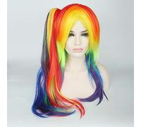 Anime colorful pony Cosplay Wigs Heat Resistant Synthetic Hair purple blue red yellow mixed Halloween unqie Wigs +wigs cap One Size colorful wig