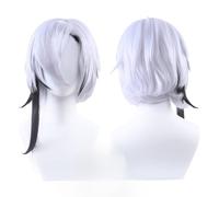 Anime Cosplay Arlecchino Wig, Silvery White Blend Black Short Hair Wigs for Halloween Costume Party Accesorios