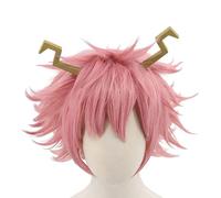 Anime Cosplay Wigs for Ashido Mina Pink Heat Resistant Synthetic Wig with 2 Horns for Halloween Party