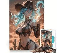 Anime Cowgirl with Magic in Desert 1000 Piece Jigsaw Puzzles Mind Challenge Toy High Precision Die Cut Amusing Challenge for Waiting Time (38x26cm)