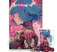 Anime Cyborg Girl in Pink Cityscape Jigsaw 1000 Pieces Memory Skill Fun Smooth Edge Perfect Interlock Fun-filled Way to Fill Empty Hours (50x75cm)