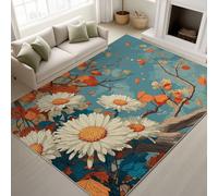 Anime Daisy Maple Leaves Branches Machine Washable Rugs Living Room 60 x 90 cm Maple Leaves Branches Rugs for Bedroom, White Blue Area Rug for Various Room Lounge Short Pile Floor Carpe