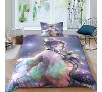 Anime Demon Slaye 2 Piece Comforter Set Soft Microfiber 3D Printed Kochou Shinobu Cartoon Quilted Bedding Set for Kids Teens Adults Room Decor,1 Pillowcases,Breathable for All Season Single(135x200cm)