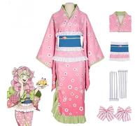 Anime Demon Slayer Kanroji Mitsuri Cosplay Kimono Outfit, Kimetsu No Yaiba Headwear Waistband Cloak Coat Full Set Halloween Christmas Party Uniform,Pink,M