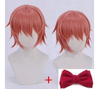 Anime Doki Doki Literature Club Sayori Short Pink Red Heat Resistant Hair Cosplay Costume Wigs + Bow Hairpin