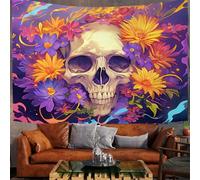 Anime Floral Wall Hanging - Halloween Skull Tapestry For Living Room Bedroom Dorm Aesthetic Decor, Dark Purple Polyester Poster Tapestries Wall Hanging 80"X60" Inches