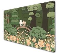 Anime Forest Desk Mat,Cute Green Mouse Pad,Kawaii Aesthetic Full Desktop Pad XXL Gaming Mousemat XL, Extended Korean Animals Bear Bunny Keyboard Mat Large 31.5x15.7 Inch Non-Slip&Stitched Edges
