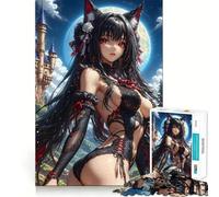 Anime Fox Girl in Black Lace Jigsaw Puzzles 1000 Mental Focus Game Precision Cut Smooth Edges Meaningful Connection Building Game (38x26cm)